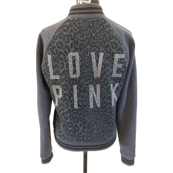 Pink Victorias Secret Varsity Jacket Colorblock Animal Print Leopard Sporty Outd - Picture 1 of 5